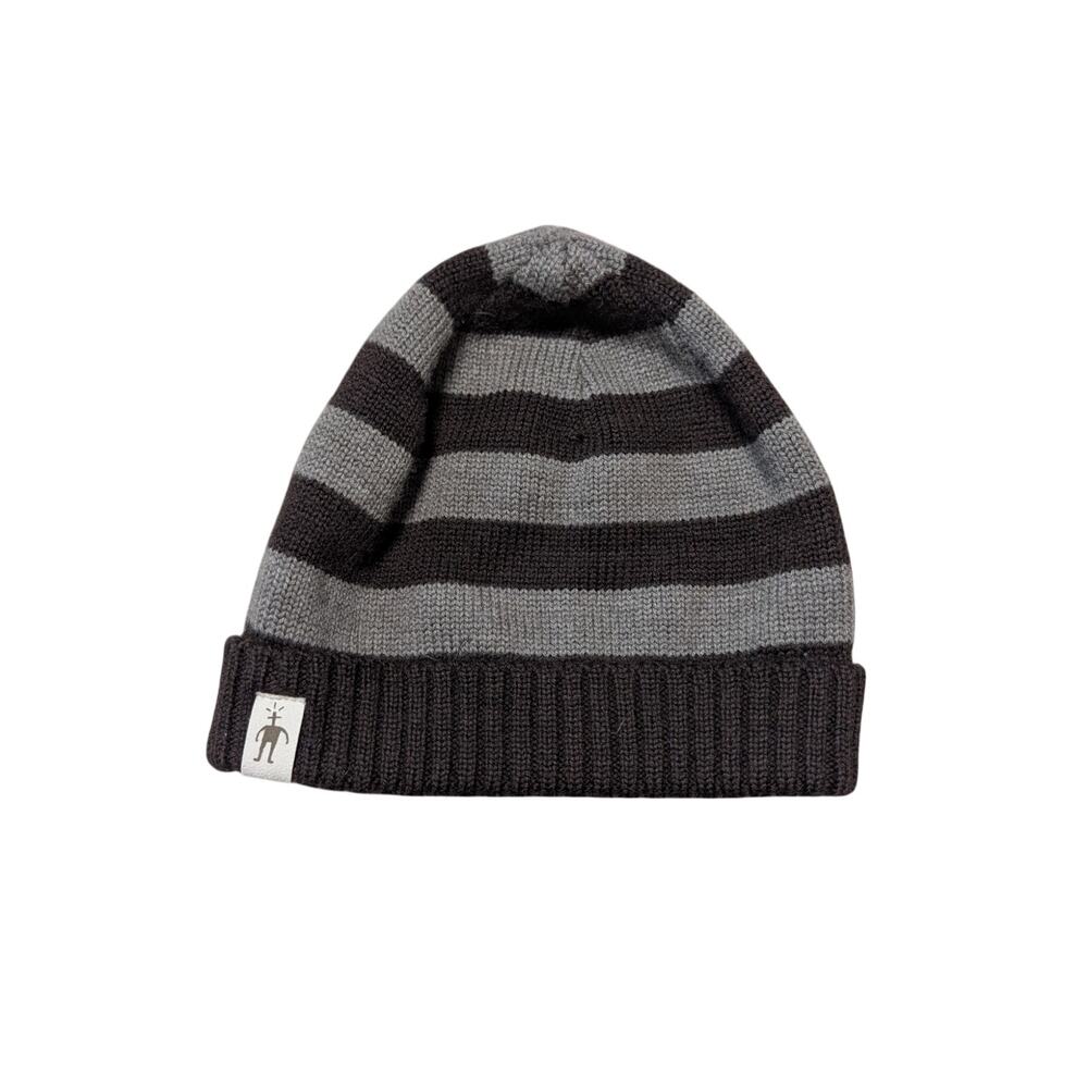 Smartwool Knit Beanie Merino Wool Striped Gray Black Cuffed Hat